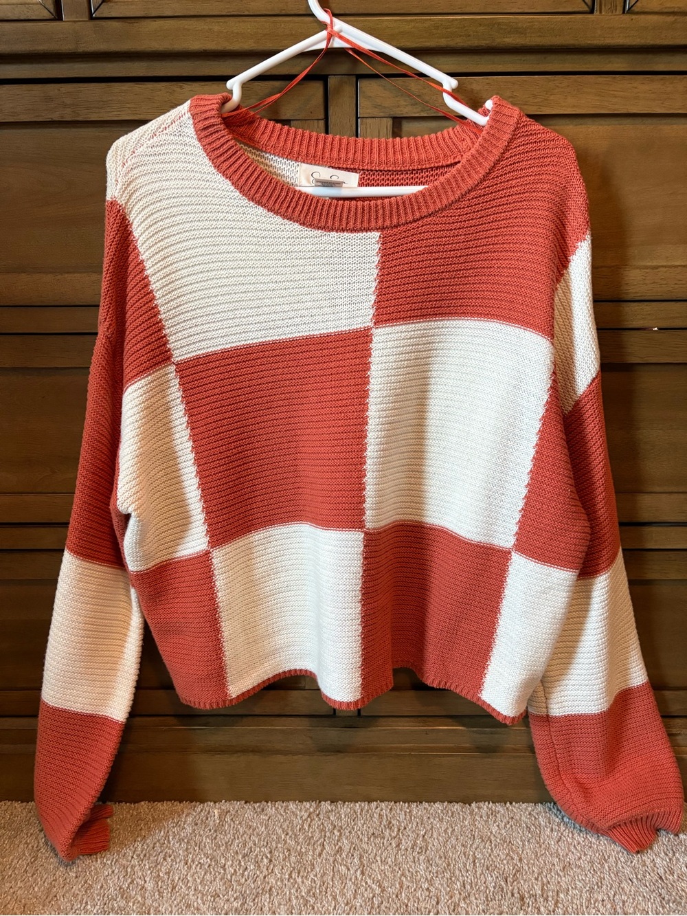 Jessica Simpson Coral & Cream Checkerboard Crewneck Sweater